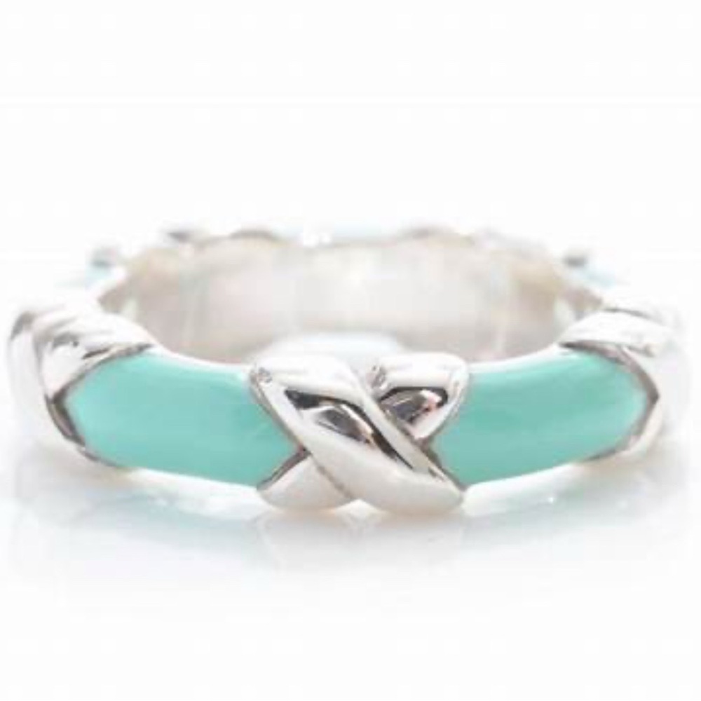 Vintage TIFFANY & CO Signature X Ring in Blue Enamel and Sterling Silver